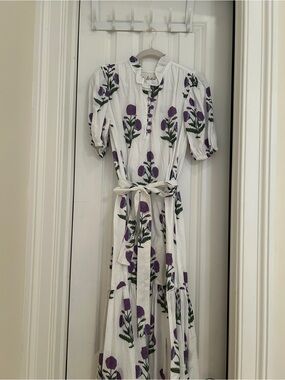 White Maxi Dress with Purple Floral Print and Tie Waist